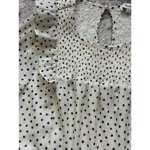 Madewell Smocked Ruffle Shoulder Midi Dress Small Inkbrush‎ Dots White Black - Image 6