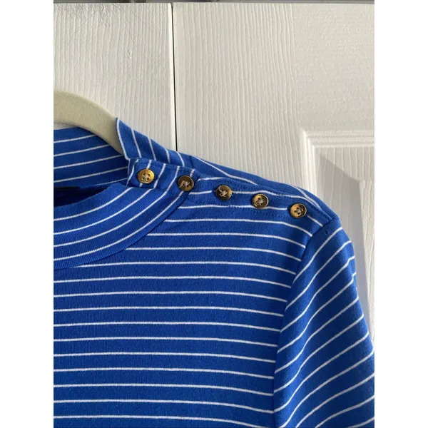 J Crew Womens Large Blue Striped Long Sleeve‎ Gold Button Black Label - Image 2