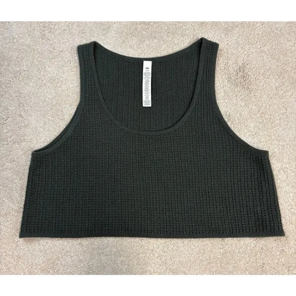 NWOT Alo Yoga Cashmere Plush Waffle Crop Tank Top Dark Cactus Gray Size L - Image 2