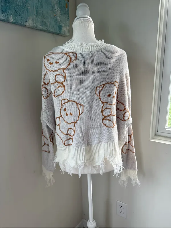 Just Polly White Kawaii Distressed Teddy Bear Sweater Soft Grunge Small - Image 3