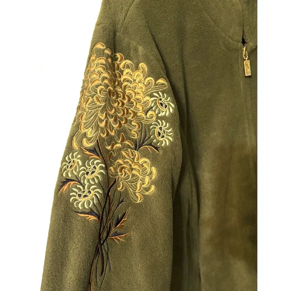 Bob Mackie Wearable Art Olive Embroidered Fleece Jacket Women's Medium Zip - Image 4