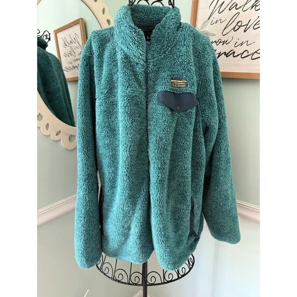 LL Bean Fleece Jacket Womens 1X‎ Teal Excellent High Pile Sherpa Full Zip - Image 3