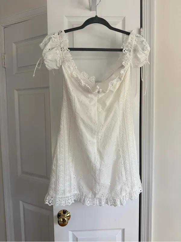 For Love & Lemons Anabelle White Eyelet Lace Up Puff Sleeve Mini Dress Size M - Image 7