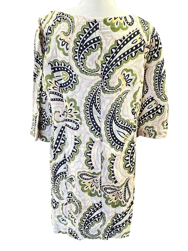 Boden Laurie Linen Paisley Print Coastal Boatneck Dress White Green Pink 8P - Image 7