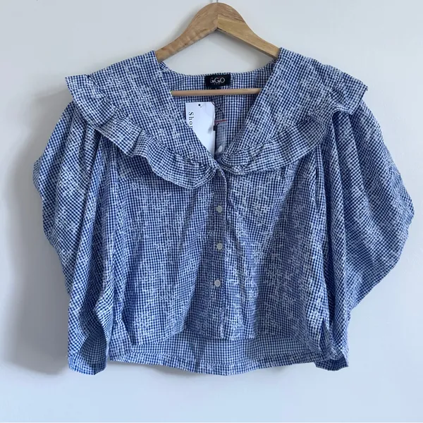 NEW Gigio Gingham Floral Puff Sleeve Top size small blue ruffle boho NWT blouse - Image 2