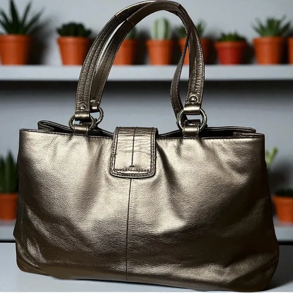 Coach Metallic Bronze Leather Buckle Shoulder Bag Satchel Handbag Purse‎ - Image 2