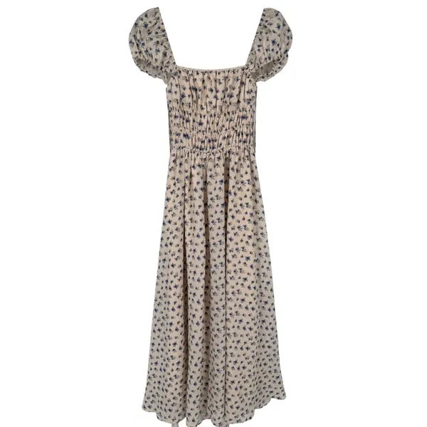 MABLE Analise Floral Smocked Open Back Lace Up‎ Maxi Dress Cream Blue Size Small - Image 4