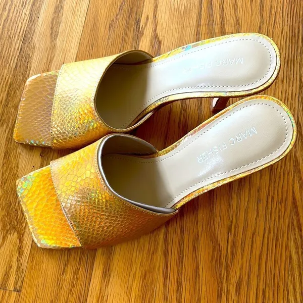 Marc Fisher- “Danria” Square Toe Gold Metallic Slide Dress Heels-8M- NEW - Image 7