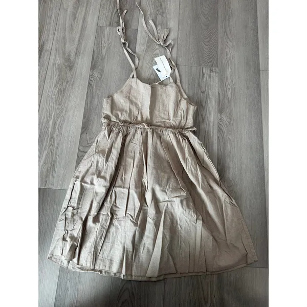 Commense Cottage Boho Tan Levanzo Tied Shoulder Cotton Linen Dress Casual XS - Image 3