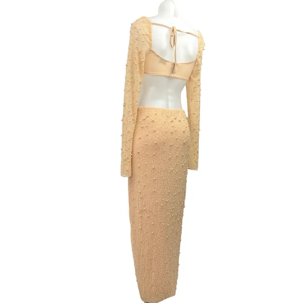 Oh Polly LA DÉSIRADE Cream Pearl Beaded Embellished Crop Top & Midi Skirt Set 2 - Image 6
