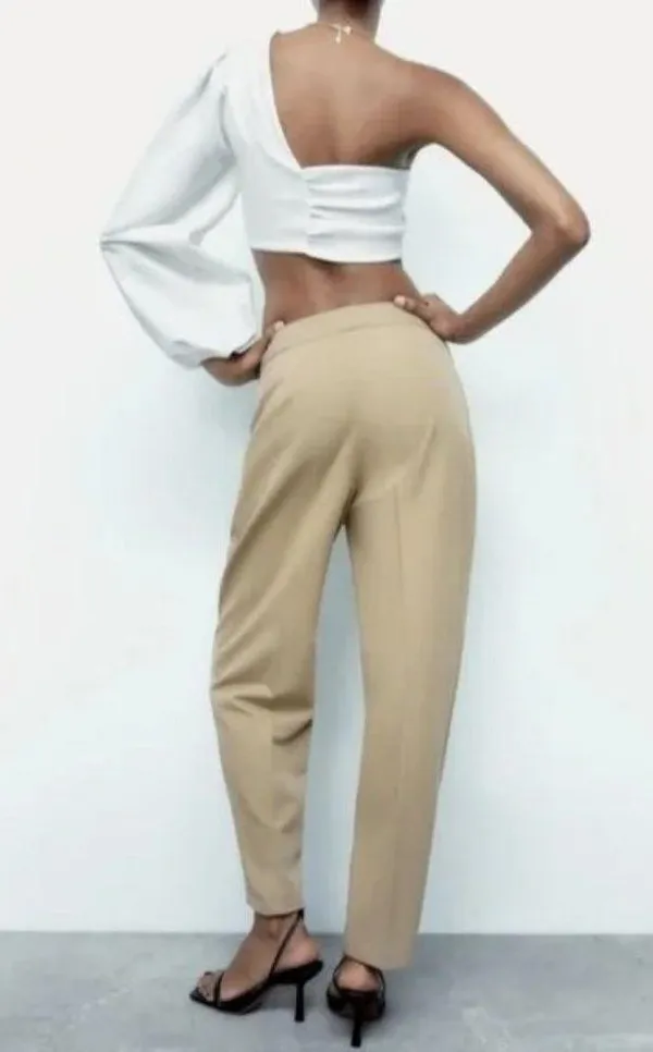 Zara High Rise Tapered Trousers Pleated Slash Pockets L Cream #1942 - Image 4