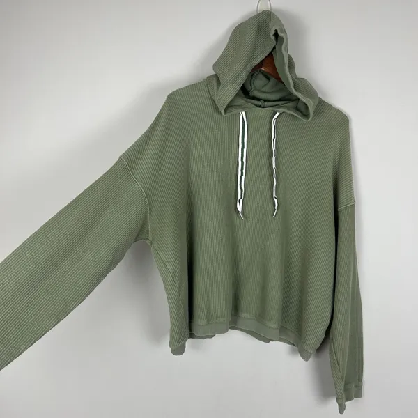 Aerie Hoodie Sweatshirt Womens Large Green Ribbed Cropped Corded 100% Cotton L‎ - Image 4