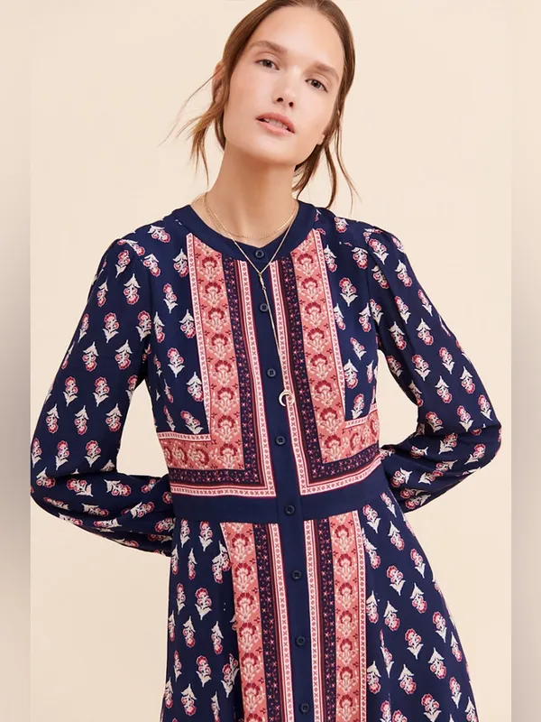 Gal Meets Glam Woodblock Print Button Front Midi Dress Size 10 - Image 3