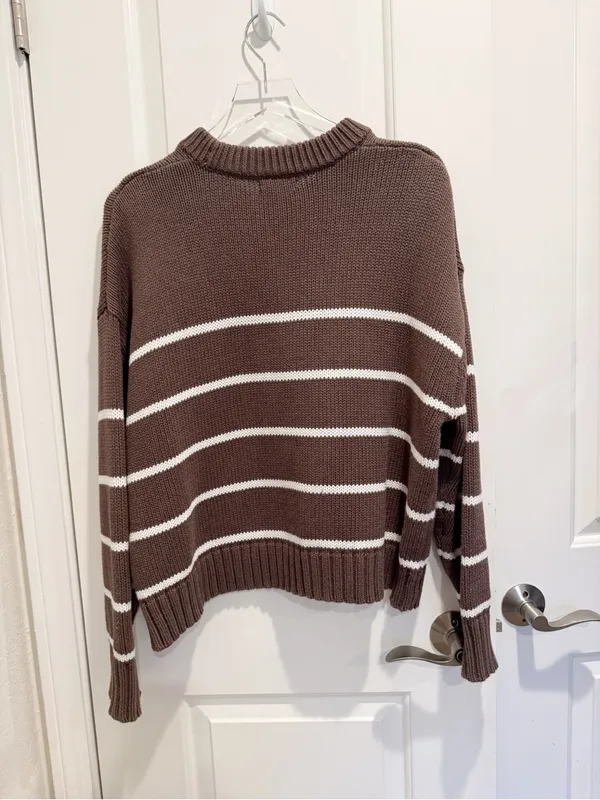 QUINCE 100% Organic Cotton Striped Crew Sweater Heather Brown Ivory Medium - Image 7