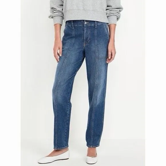 Old Navy OG Loose Tapered High Rise Denim Jeans Size 10 Blue Dark Stretch Pocket - Image 8