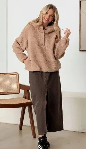 VICI teddy button front pocketed hoodie mocha  - Image 3