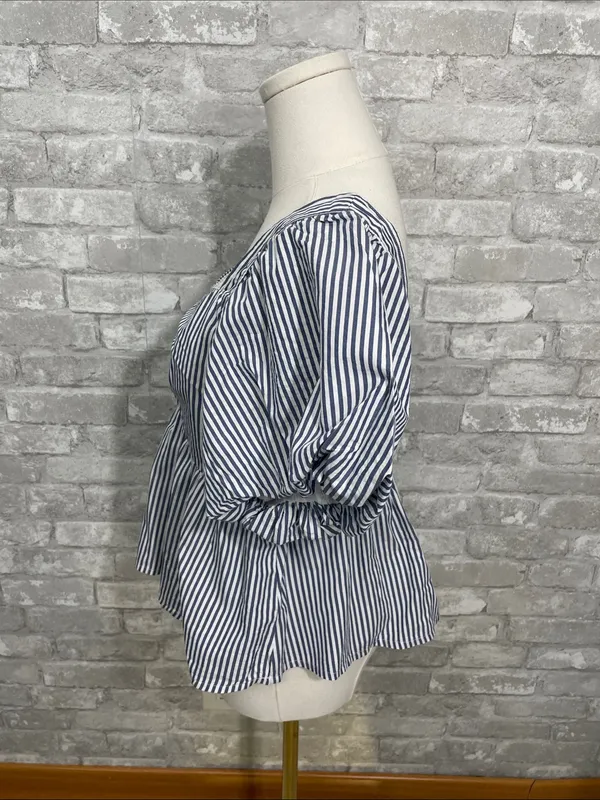 Old Navy Blue and White Striped Square-Neck Peplum Blouse - Image 2