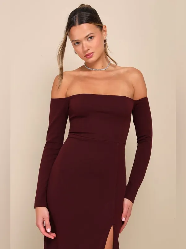 Lulus Alluring Sophistication Dark Plum Off-the-Shoulder Maxi Dress Size Large - Image 4