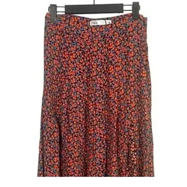 ZARA High Waisted Floral Flowy 2 Slits Preppy Midi Skirt Side Zip Up S Red Black - Image 6