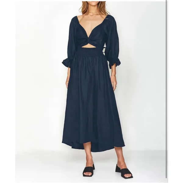 NEW Navy Blue Wrap Cut Out Tie Back Midi Dress L - Image 7