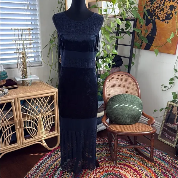 Free People Intimately Keep In Line Navy Crush Velvet Lace Boho Midi Maxi Dress - Image 3