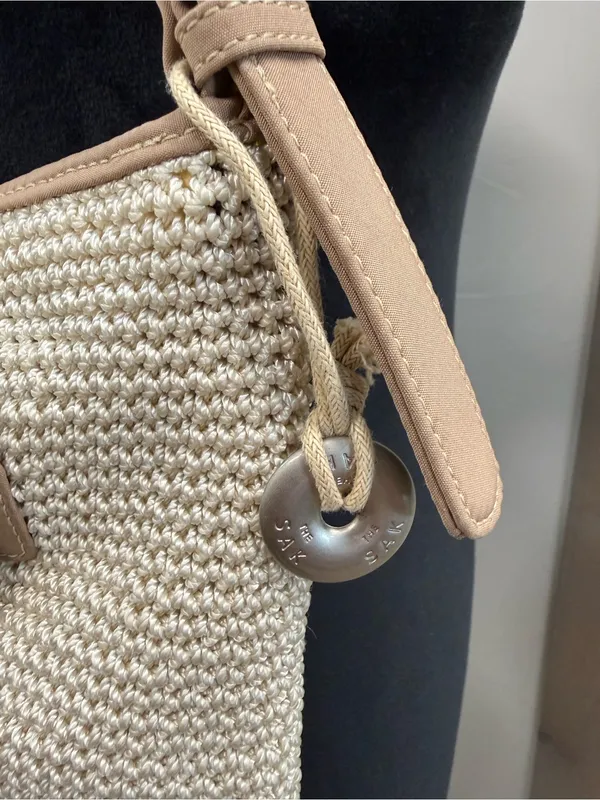 The Sak Cream Tan Crochet Shoulder Bag Top Zip Bucket Style Neutral Purse - Image 3