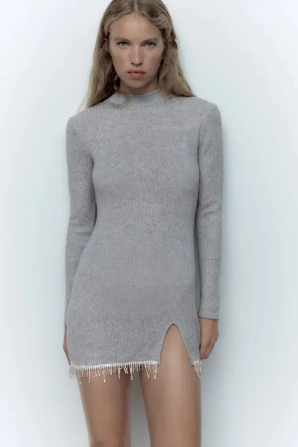 dress mini jewel rhinestone party ribbed sweater turtleneck - Image 3