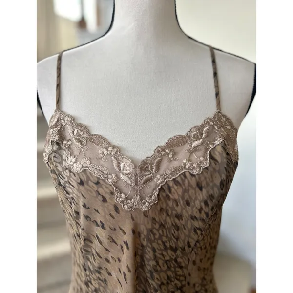 Victoria Secret Brown Tan Leopard Print Lace Trim Slip Nightie Lingerie - Image 2