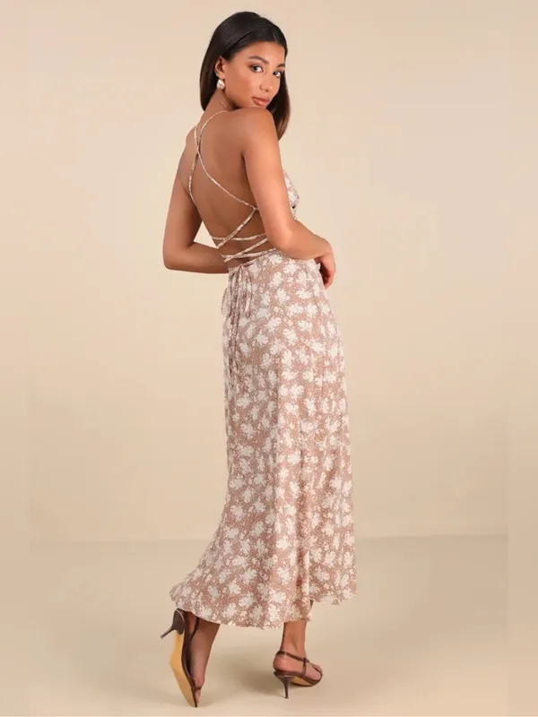 Lulus Picturesque Moments Brown Floral Print Strappy Maxi Dress xs - Image 7