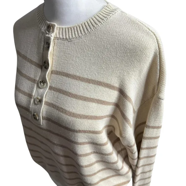 Pink Lily Striped Button Neck Sweater Cream Tan Small Coastal Grandma - Image 5
