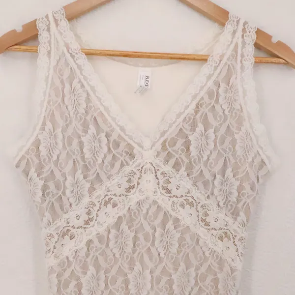 Y2K Lace Babydoll Cami Tank Top Womens Size L White Tan Coquette Fairy Layering - Image 2