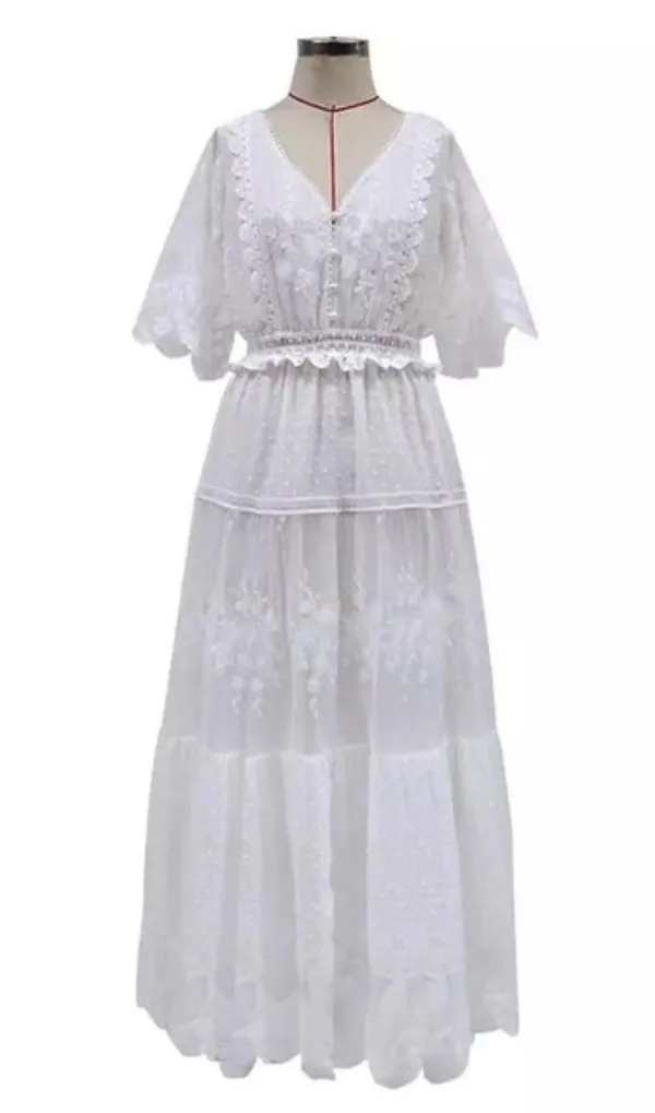 Boutique NEW White Lace V-neck Semi-Sheer Short Sleeve Maxi Dress - Image 3