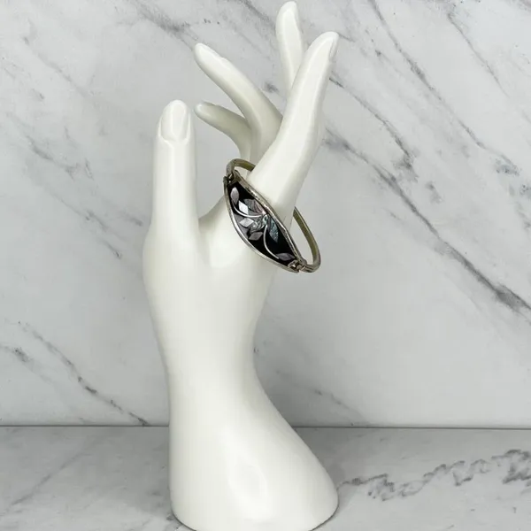 Vintage Silver Tone Abalone Shell Flower Inlay Bangle Child's Bracelet - Image 3