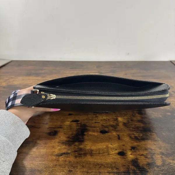 Burberry Vintage Clutch Bag Medium Black Leather Check Canvas Strap Hardware - Image 10