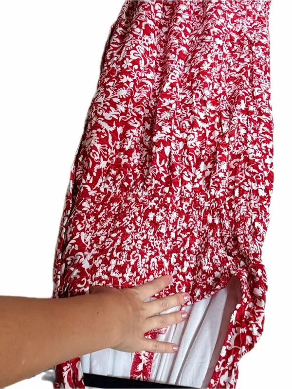 Red and white ruched halter wedding guest maxi dress L - Image 2
