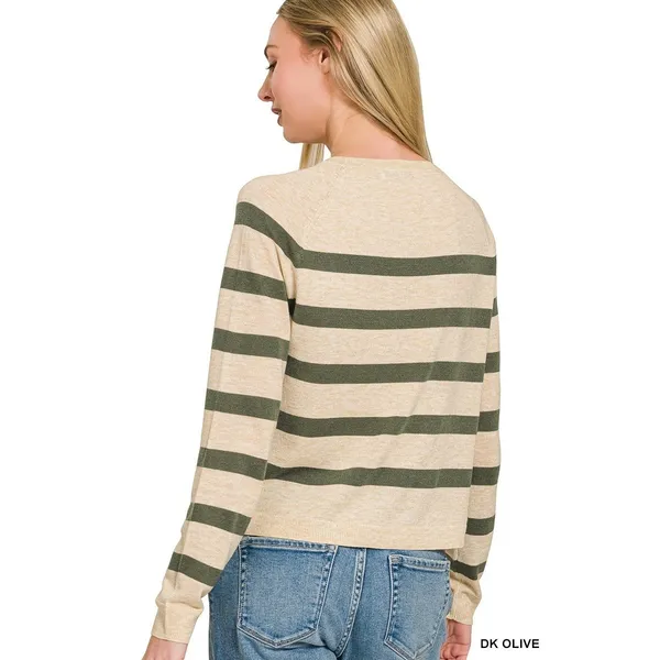 Zenana Lightweight Wool Blend Striped Round‎ Neck Sweater - Medium - Image 4