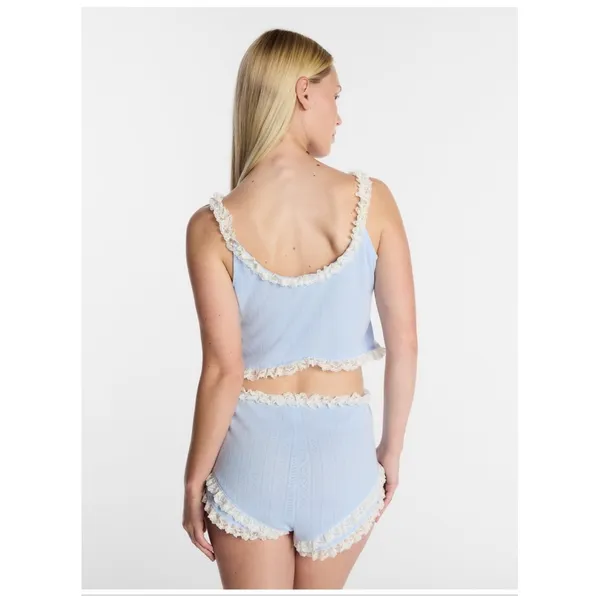 Kacey Lee Baby Blue Pointelle Lace Trim Two Piece Set Cami Shorts L - Image 3