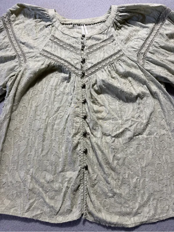 Anthropologie Womens Medium Green Textured Cotton Lace Boho Peasant Blouse Top - Image 5