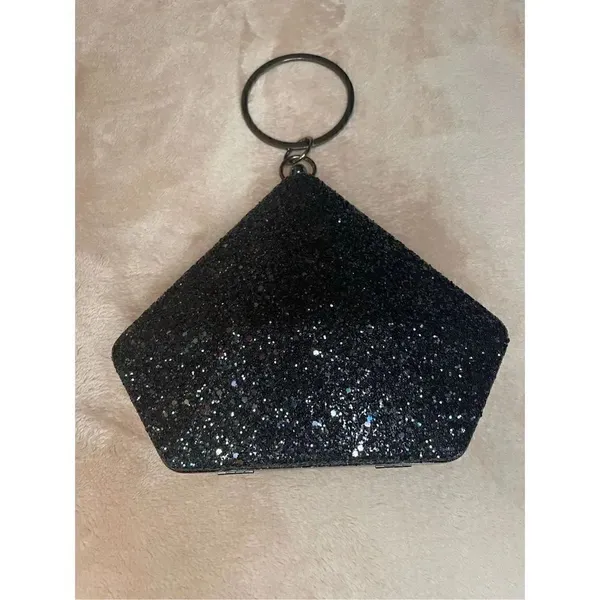 New Black Glitter Geometric Clutch With Round Handle/ Shoulder Strap - Image 2