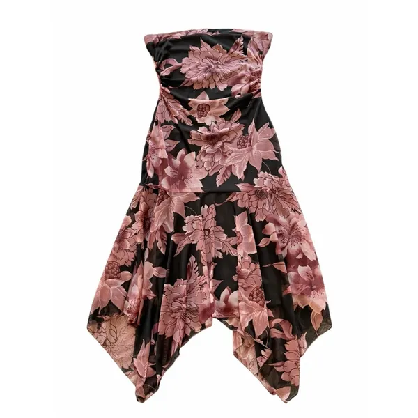 Zinc Vintage Y2K 90s Black Floral Whimsigoth Strapless Dress Size M Asymmetric Fairy - Image 2