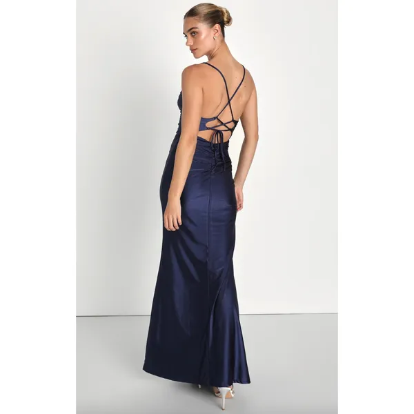 Lulus Iconic Allure Navy Blue Cowl Neck Lace Up Ruched Maxi Dress Stretch XS NWT - Image 2