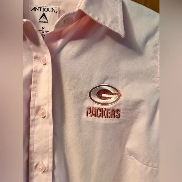 Women’s Medium Antigua Pink Green Bay Packers Button Down Dress Shirt - Image 3