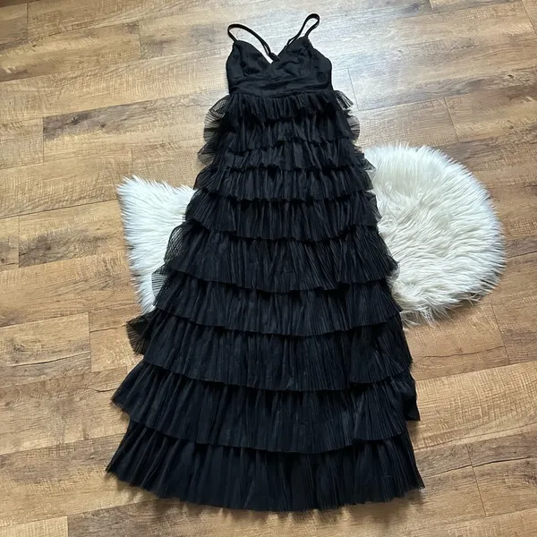 LULU’S Radiant Event Black Mesh Tiered Pleated Backless Maxi Dress - Image 5