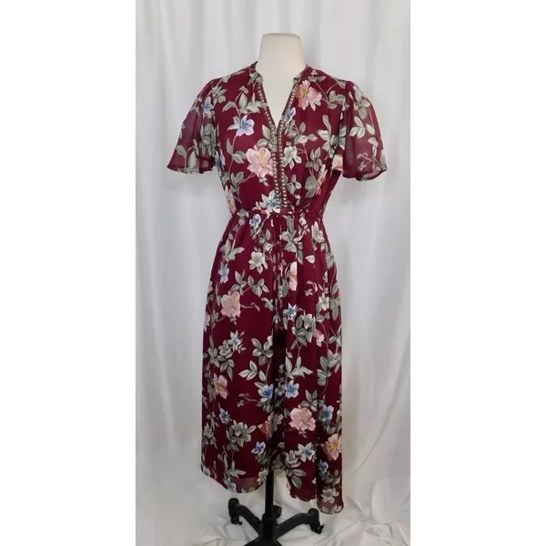 TOMMY BAHAMA Painted Petal Midi Floral Dress Metallic Embellished Beads X-Small - Image 2