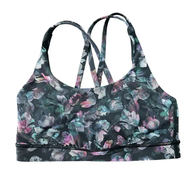 Lululemon Energy Bra Sz 4 Floral Strappy Medium Support Purple Black Women - Image 3