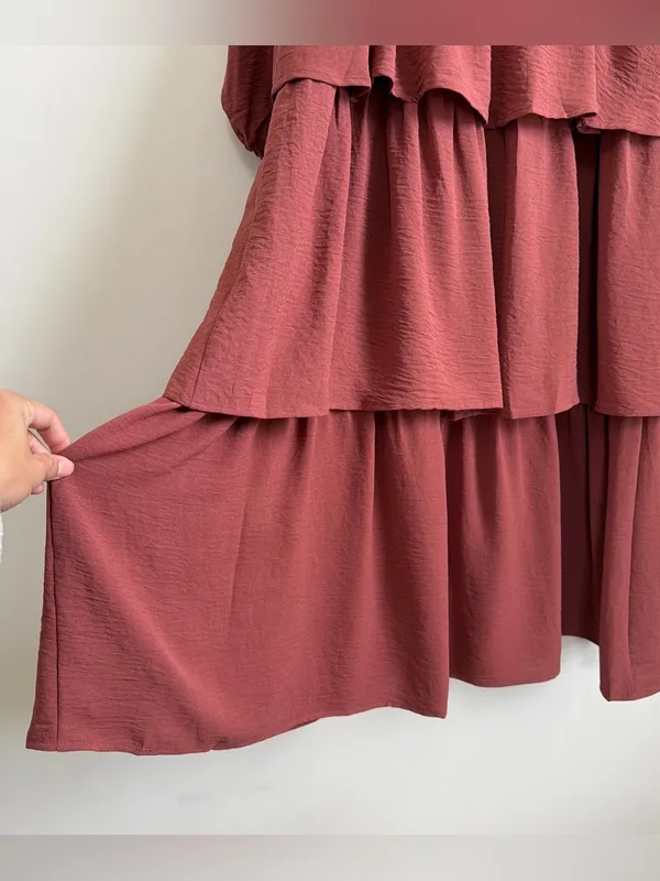 in february Mauve Rust Square Neck Smocked Tiered Ruffle Midi Dress M NWT - Image 6