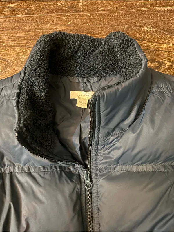 J Jill Down Puffer Vest Womens Small Dark Teal Sherpa Collar Longline Snap Sides - Image 6