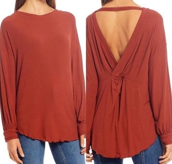 Free People Clay Red Open Back Knot Twisted Soft Ribbed Blouse Size Large - Image 2
