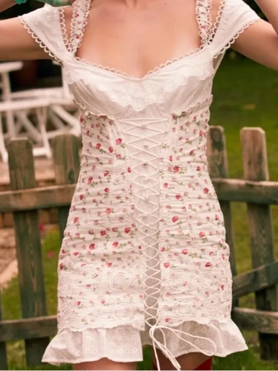 For Love & Lemons Baela Lace-Up Bustier Rose Floral Eyelet Mini Dress in XS - Image 2