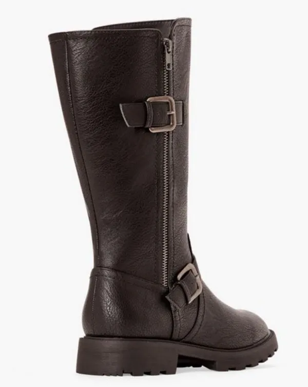 JUSTFAB Breyona Buckled Flat Boot Size 8 Product Description New! Padded insole for extra comfort Material: Faux Leather Heel Height: 1.25" Shaft Height (based on size 8): 10.7" Measurements will vary slightly Imported - Image 5